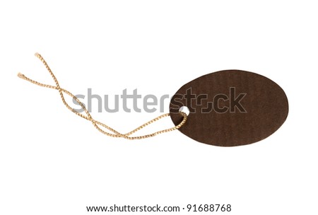 Cardboard price tag or sales label with string on white background