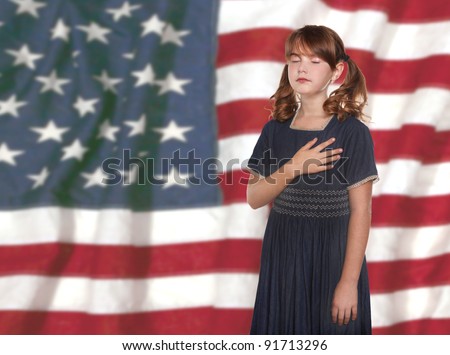 Patriotic Child Saying Pledge of Allegiance to the Flag Royalty-Free Stock Photo #91713296