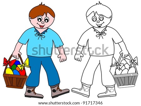 The boy carries a basket of colored eggs - coloring