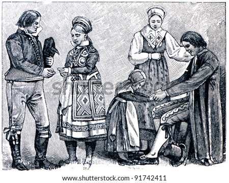 bride and groom and peasant family in the Swedish national costumes - an illustration of the encyclopedia publishers Education, St. Petersburg, Russian Empire, 1896