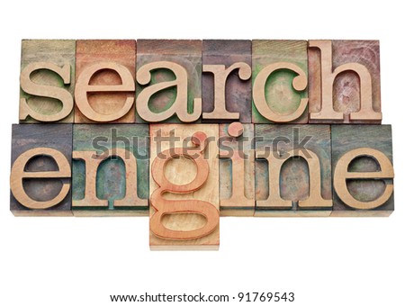 search engine - internet concept - isolated text in vintage wood letterpress printing blocks, stained by color inks