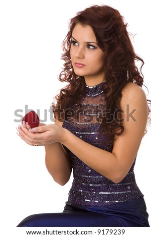 lovely woman with present on white background