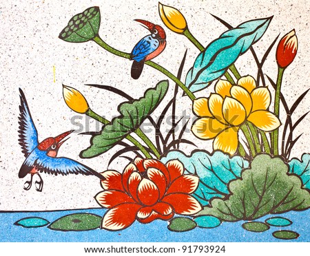 painting of bird and lotus on the wall in chinese temple