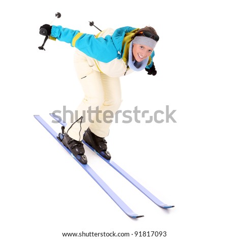 A picture of a young female skier over white background