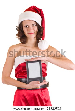 Beautiful young girl in Santa Claus clothes with notebook on white background.