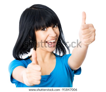 Happy asian girl showing thumbs up
