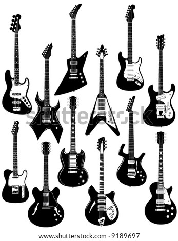 A set of twelve precisely drawn electric guitars