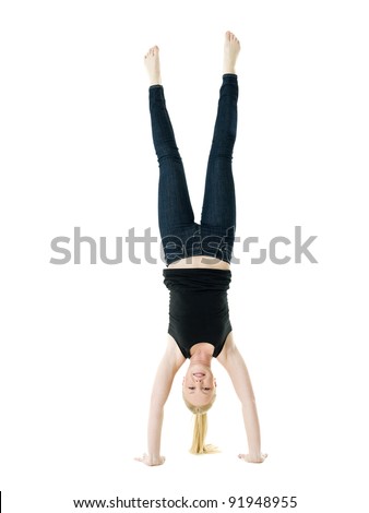 Blond Handstand woman isolated on white background