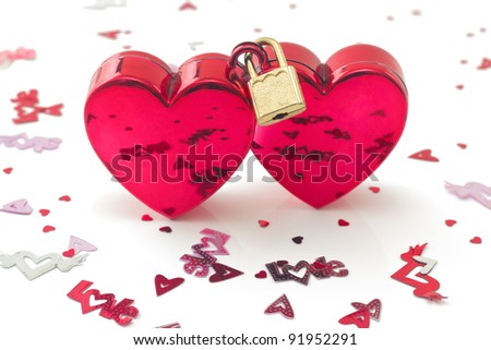 Two red hearts connected with padlock, with small decorations, isolated on white background