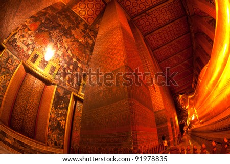 The Big golden Reclining Buddha within Wat Pho is the important in Bangkok, Thailand.