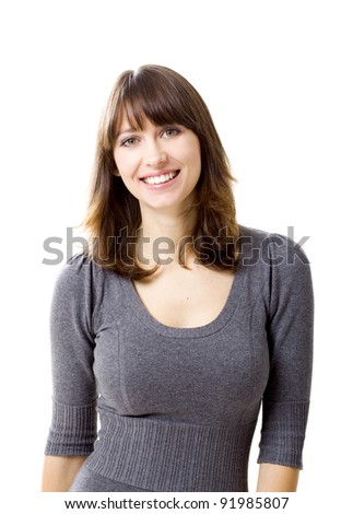 Portrait of a beautiful young woman looking at the camera and smiling, isolated on a white background Royalty-Free Stock Photo #91985807