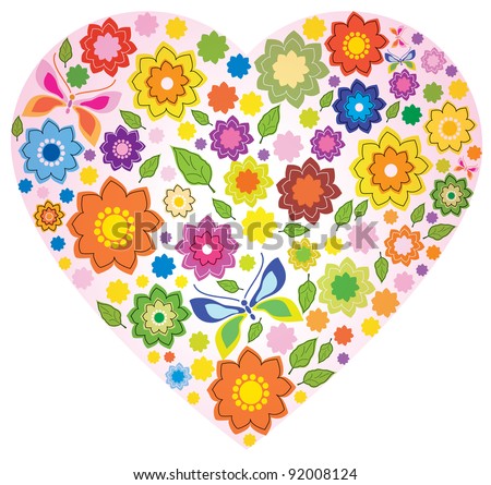 Floral colorful Heart and butterfly over white