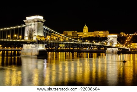 Chain Bridge and Buda Castle at night, Budapest, Hungary Royalty-Free Stock Photo #92008604
