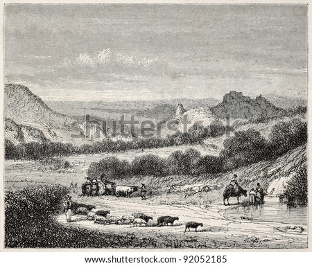 Farmers coming back from market, old illustration. Puy-en-Velay surroundings, France. Created by Thuillier, published on Magasin Pittoresque, Paris, 1845
