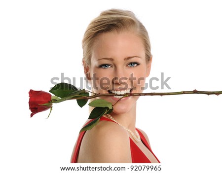 Portrait of beautiful young woman with rose in her mouth isolated over white background Royalty-Free Stock Photo #92079965