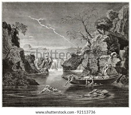 The deluge old pictorial representation. Created by Frere after painting by Poussin kept in Louvre museum, published on Magasin Pittoresque, Paris, 1845