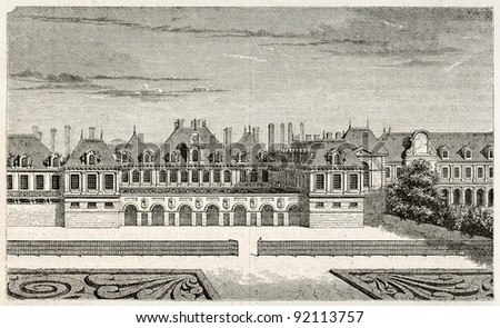 Cardinal Richelieu palace old view (afterwards destroyed by fire in 1763 and restored as Palais-Royal). Created by Best, Leloir, Hotelin and Regnier, published on Magasin Pittoresque, Paris, 1845