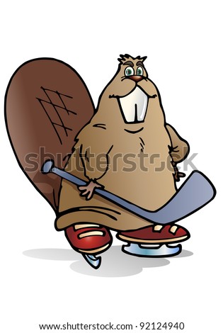 illustration of a cute Brown Beaver playing hockey ice