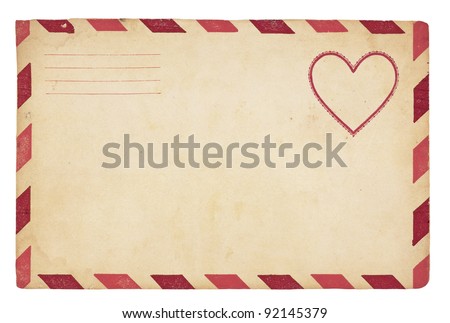 The front of an vintage Valentine-themed envelope with red striped border. Isolated on white with clipping path. Royalty-Free Stock Photo #92145379