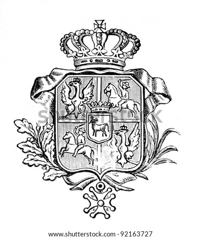 The old coat of arms of Portugal. Engraving by Alwin Zschiesche published on "Illustrierts Briefmarken Album", Leipzig, Germany, 1885. Royalty-Free Stock Photo #92163727
