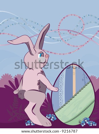 Cartoon Bunny with Easter egg with warm retro feel, accented with gemstones on a floral background.