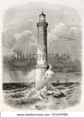 Heaux de Brehat lighthouse old illustration, France. By unidentified author, published on Magasin Pittoresque, Paris, 1845