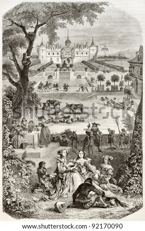 The Beatiful Season old graphic representation. Created by Wattier, published on Magasin Pittoresque, Paris, 1845