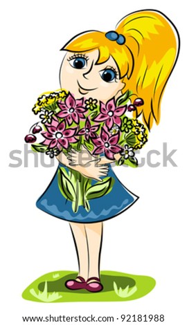 The girl with a bunch of flowers. Cartoon vector illustration.