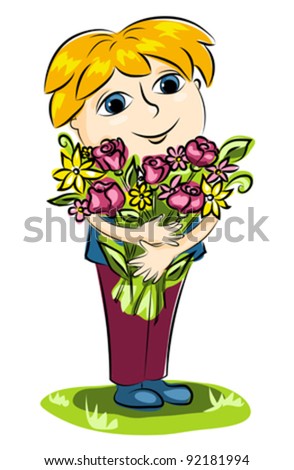 The boy with a bunch of flowers. Cartoon vector illustration.