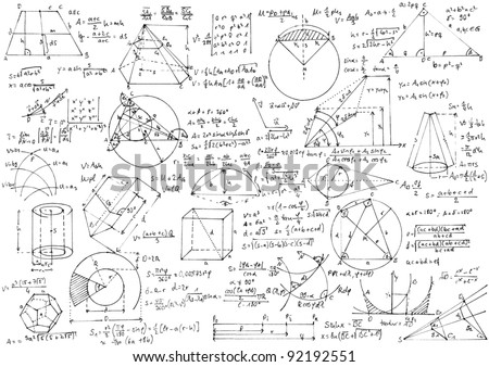 Background with hand written geometry formulas and geometric shapes and figures. Royalty-Free Stock Photo #92192551