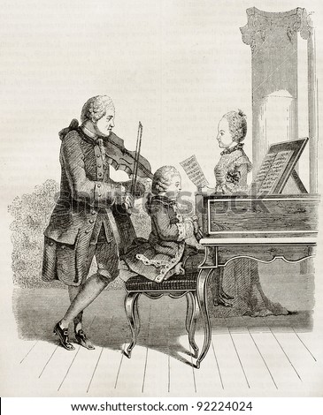 Mozart wonder child with his father and sister in 1763, old illustration. After Carmontelle, watercolour, published on Magasin Pittoresque, Paris, 1845