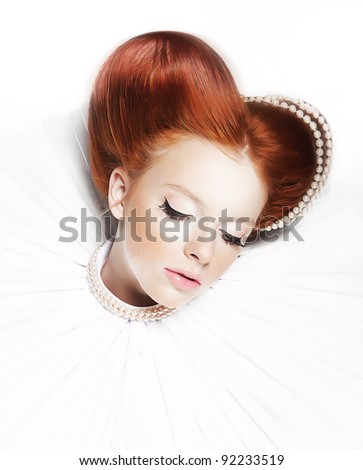 Renaissance Style - Dreamy cute Girl - Redhead Freckled Lady with Pearly Necklace and stagy Dramatic Makeup. Series of photos
