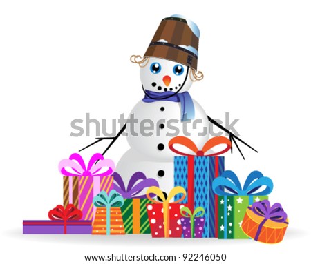 Snowman with a heap of  gift boxes  on a white background