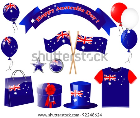 Australia day. Website icons. (flag, balloon, t-shirt, buttons, gift, hat ) EPS10. Vector illustration.