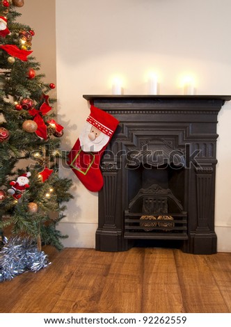 Christmas stocking hanging on the fireplace
