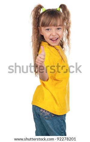 Portrait of little girl giving you thumbs up over white background