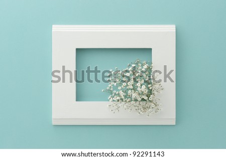 white frame with flower on the blue wall