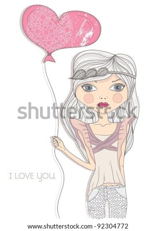Valentine's day card. Fashion girl with heart shape balloon. Postcard, greeting card or invitation.