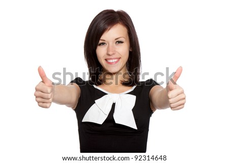 pretty excited woman happy smile show thumb up gesture at you, young girl wear black dress with white bow, isolated over white background