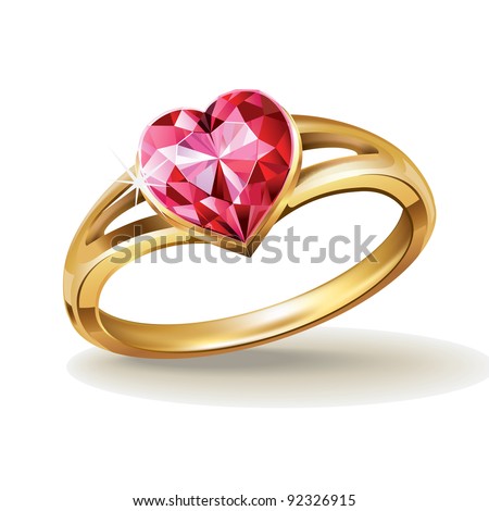 Gold ring with pink heart gemstone. Vector illustration.