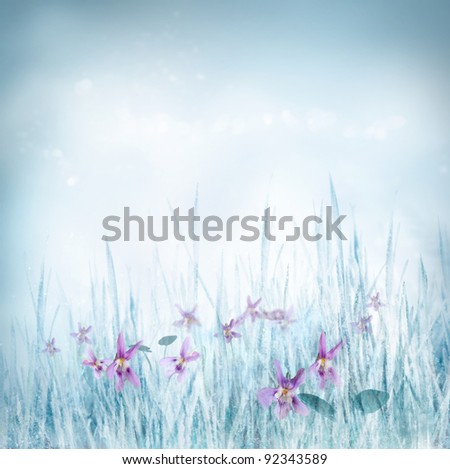 Winter or spring nature background with frozen grass and violet flowers. Spring floral background