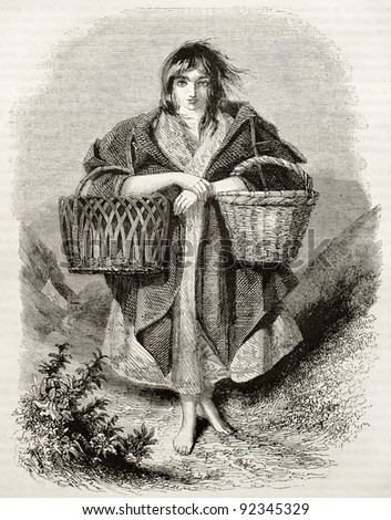 Irish girl old engraved portrait. After sketch of Hall, published on Magasin Pittoresque, Paris, 1845