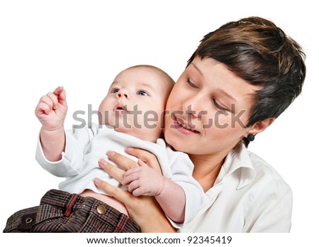 happy young mother with a baby on a white background