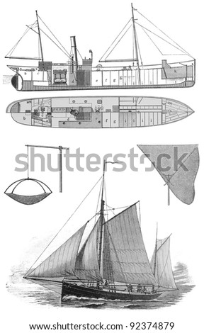Vintage drawing of a fishing boat at the end of 19th century - Picture from Meyers Lexicon books collection (written in German language ) published in 1906 , Germany.