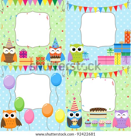 Set of birthday cards with cute owls. Raster version.