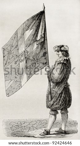 Cent-Suisses flag, old illustration (military company established by Charles VIII of France). Created by Brebant, published on Magasin Pittoresque, Paris, 1845