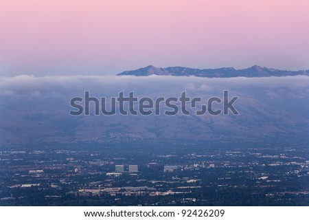 San Jose, the heart of Silicon Valley, seen at dusk with the Diablo mountain range in background