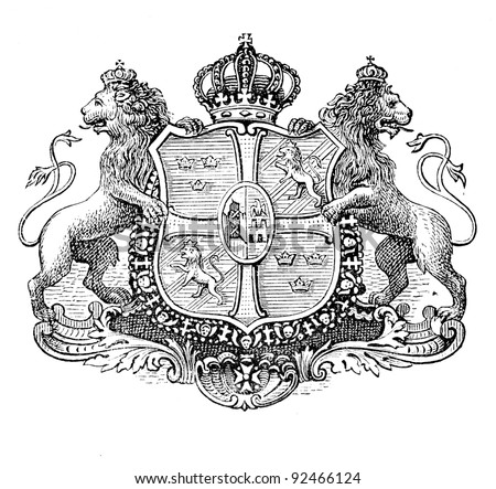 The old coat of arms of Sweden. Engraving by Alwin Zschiesche published on "Illustrierts Briefmarken Album", Leipzig, Germany, 1885. Royalty-Free Stock Photo #92466124