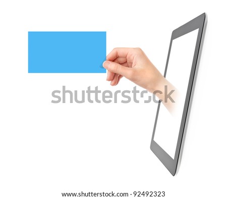 Female hand showing blue translucent business card from blank digital tablet pc. Isolated on white.