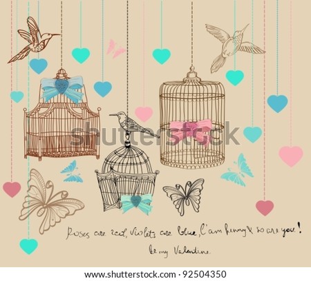 Valentine hand drawing background with cages and birds, vector